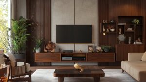 Modern living room with warm wood finishes and stylish home interiors on EMI plans