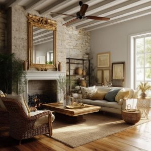 Vintage home decor ideas with classic mirror rattan chairs and cozy stone wall setting