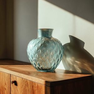 Glass vase vintage home decor ideas styled on wooden cabinet in natural light