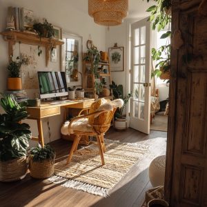 Cozy work nook vintage home decor ideas with cane chair and lush indoor plants