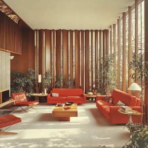 Retro style living room vintage home decor ideas with bold red sofas and wood panels