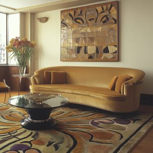 Artistic lounge setup vintage home decor ideas with mustard sofa and bold wall art