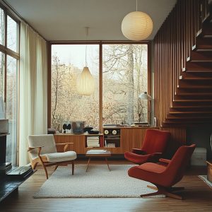 Midcentury lounge setting vintage home decor ideas with wood accents and lounge chairs