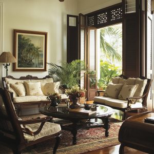 Colonial style living space vintage home decor ideas with carved wood and tropical touch