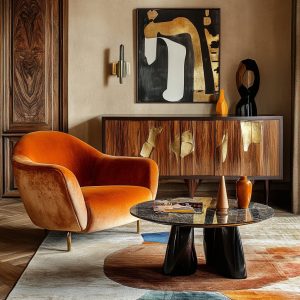 Modern retro corner vintage home decor ideas with velvet chair and abstract cabinet