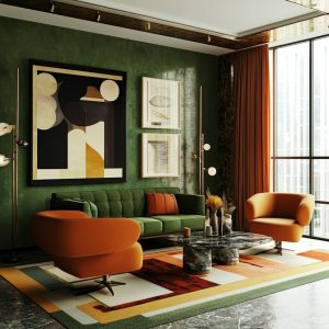 Bold living room setup vintage home decor ideas with green sofa and orange accents
