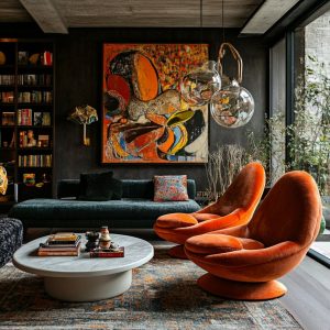 Eclectic lounge vibe vintage home decor ideas with bold art and velvet orange chairs