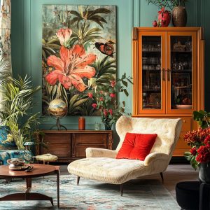 Floral themed corner vintage home decor ideas with lounge chair and painted cabinet