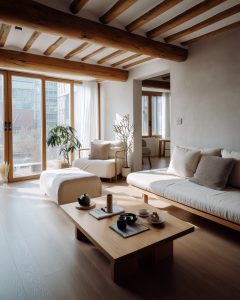 Minimalist lounge vintage home decor ideas in Japandi style with low wood furniture