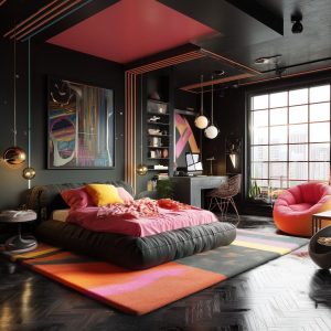 Bold vintage bedroom decor with retro furniture and vibrant color accents 