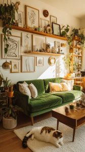 Cozy corner vintage home decor ideas with green velvet sofa and warm natural accents