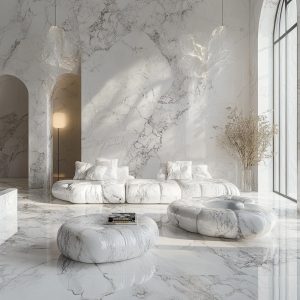 Luxurious italian marble designs with white base and soft grey veining in modern elegant living space