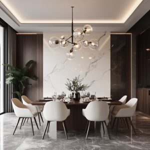 Modern dining room with marble pop wall and interior design 
