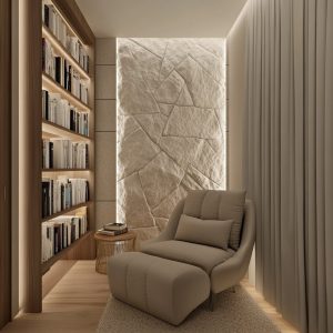 Pop wall design with 3D textured accent wall, cozy reading nook chair, and warm LED lighting