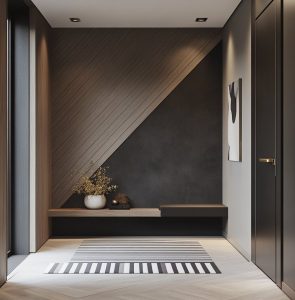 Modern hallway with geometric pop wall and minimal interior design 