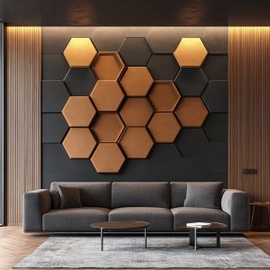 Geometric pop wall design in modern living room with lighting 