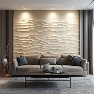 Elegant wave-textured pop wall design in living room interior 