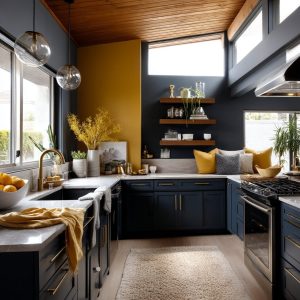 Modern open kitchen designs with navy cabinets, mustard accent wall, and stylish pendant lighting