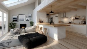 Scandinavian open kitchen designs with white interiors, wooden island, and cozy living room integration