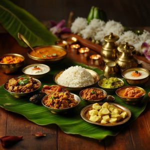 Traditional Ugadi pooja meal with festive decorations and home setup 