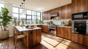 Contemporary open kitchen designs with wooden cabinets, large island, and bright natural light