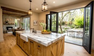 Luxury open kitchen designs with wooden island, marble countertop, and seamless indoor outdoor flow