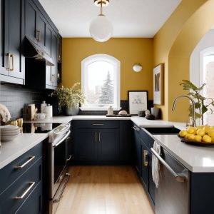 Modern open kitchen designs with navy cabinets, yellow walls, and sleek compact layout