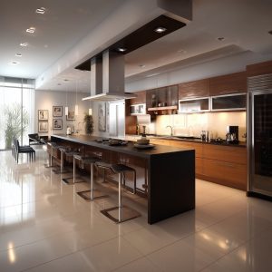 Stylish open kitchen designs with large island, modern lighting, and sleek wooden cabinetry