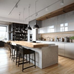 Contemporary open kitchen designs with wooden island, pendant lighting, and sleek modern finishes