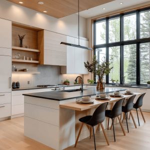 Modern open kitchen designs with large island seating, natural wood accents, and bright window lighting