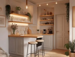Cozy open kitchen designs with wooden shelves, soft lighting, and compact modern layout