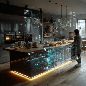 Modern open kitchen designs with smart tech interface, futuristic island, and sleek contemporary lighting setup