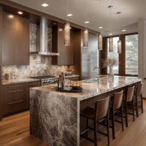 Elegant open kitchen designs with marble island, wood cabinetry, pendant lights, and luxury modern finishes