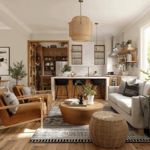 Cozy open kitchen designs with warm wood accents, living room blend, natural light, and modern rustic decor