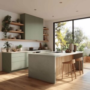 Minimal open kitchen designs with sage green cabinets, wood accents, island seating, and bright natural light