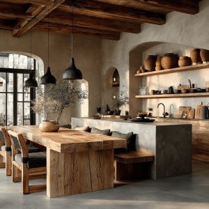Rustic open kitchen designs with wooden dining table, earthy textures, arched walls, and warm Mediterranean style