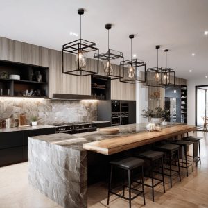 Modern open kitchen designs with stone island, wood seating bar, black cabinetry, and industrial pendant lighting