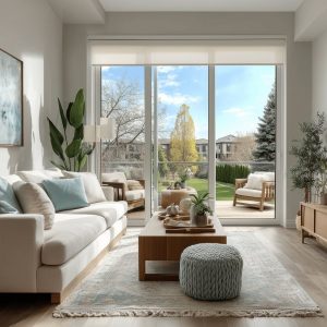 Elegant sliding door designs with large glass panels, bright living room, garden view, and seamless indoor-outdoor flow