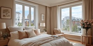 Cozy sliding door designs with large bedroom windows, soft neutral decor, city view, and bright natural lighting