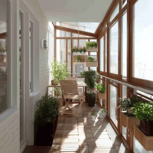 Stylish sliding door designs with wooden frames, sunlit balcony, indoor plants, and cozy outdoor seating space