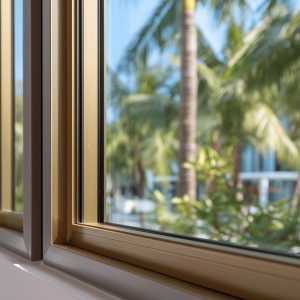 Modern sliding door designs with sleek frame, clear glass panels, tropical view, and bright natural sunlight