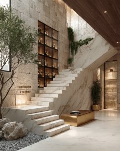 Luxury marble stair designs with floating steps, stone walls, indoor greenery, and elegant modern interior