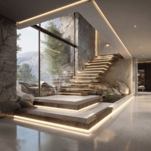 Modern marble stair designs with floating steps, LED lighting, glass walls, and luxury minimalist interior