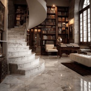 Classic marble stair designs with curved steps, vintage library setting, wooden shelves, and elegant luxury interior