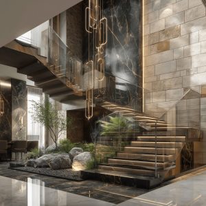 Classic Marble stair designs with curved steps and luxurious vintage interior decor