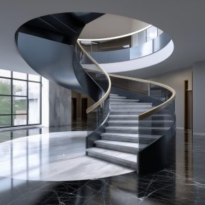 Luxury Marble stair designs with spiral structure, glass railing, and modern interior elegance
