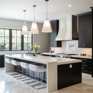 Simple Indian kitchen design for middle class family with wooden cabinets and platform layout