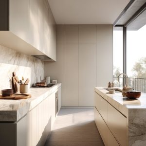 Simple Indian kitchen design for middle class family with platform layout and cabinets 