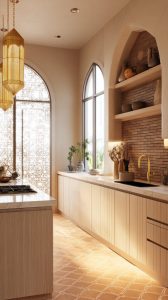 Traditional Indian kitchen design with arched niches terracotta flooring and open shelves 