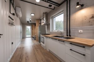 Modern Indian kitchen design with black hardware and wood platform layout 